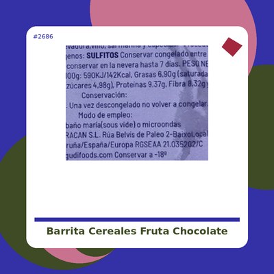 Barrita Cereales, Fruta y Chocolate - Delicatalia - tienda vegana online